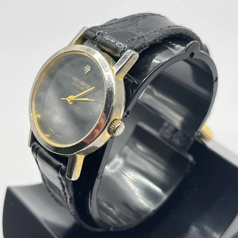 Helbros Invincible‎ Gold Tone Case 25 mm Black Band Women's Watch- New Battery